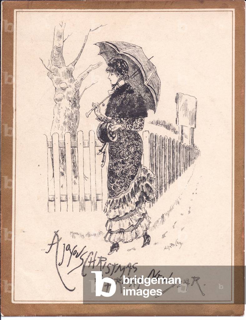 A Victorian monochrome Christmas and New Year card of a woman walking in the snow carrying an umbrella, c.1880 (monochrome)