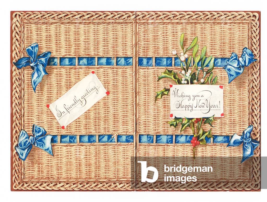 A Victorian Die-cut Shape New Year card of a wicker basket with ribbons and mistletoe, c.1880 (colour litho)