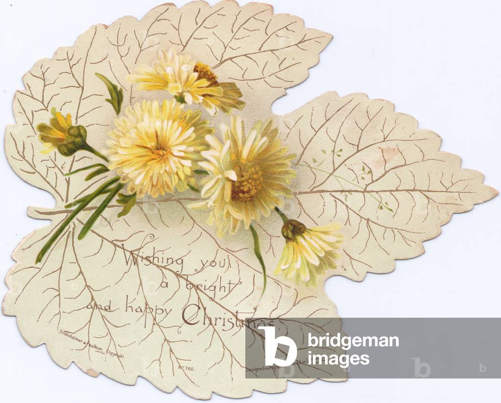 A Victorian die-cut shape Christmas card of a plane leaf with daisies on it, c.1880 (colour litho)