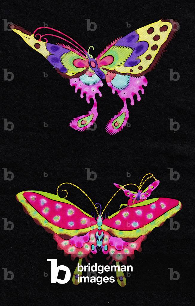 Chinese paper-cut of a two butterflies, c.1960 (hand-coloured and hand-cut)