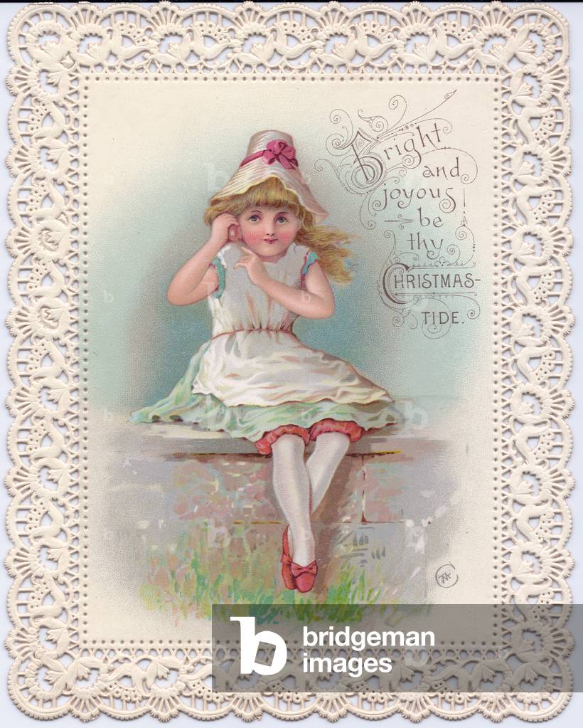 A Victorian Christmas Card of a girl holding a sea shell to her ear and listening to the sound of the sea, with an intricate pierced paper-lace border, circa 1880 (coloured lithograph)