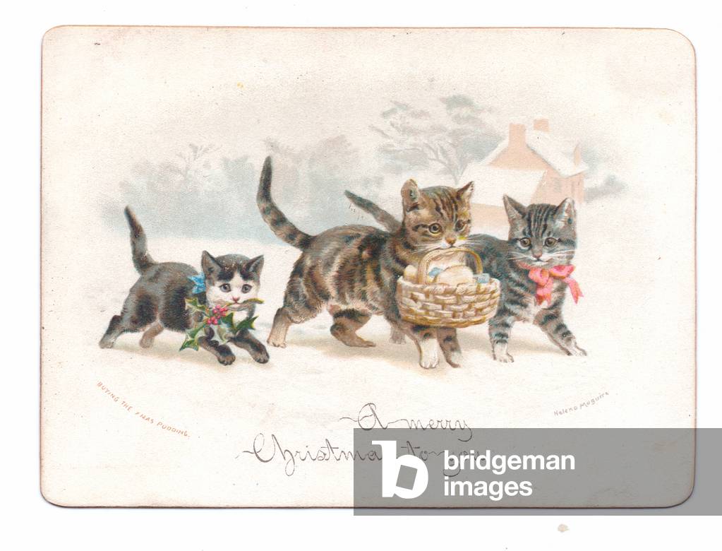 A Victorian Christmas card of two cats and a kitten carrying holly and a basket with bread in their mouths, c.1880 (colour litho)