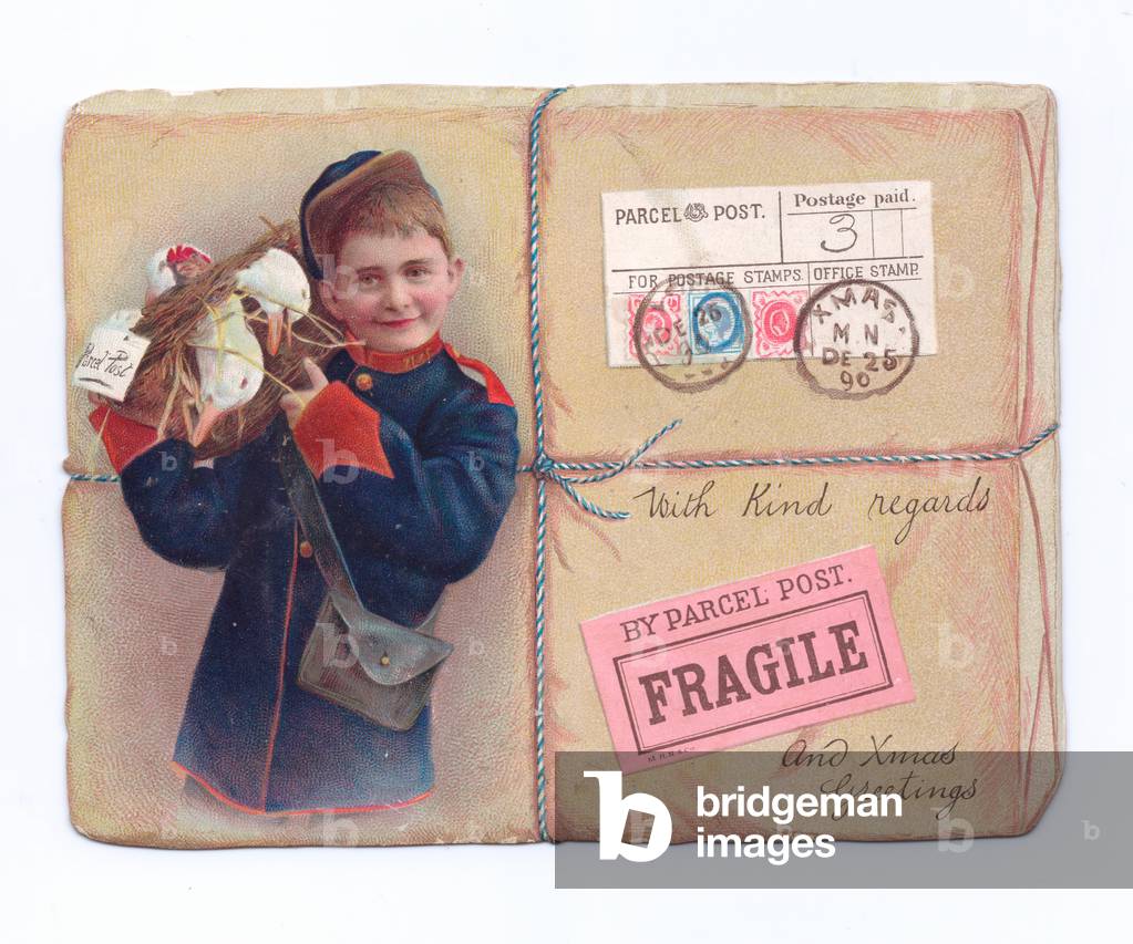 A Victorian Die-cut shape Christmas card of a parcel with an image of a boy dressed as a postman holding a basket with two geese, c.1880 (colour litho)