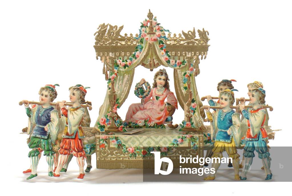 A Victiorian die cut pop up greeting card of a woman in a sedan chair decorated with flowers carried by bearers, c.1880 (colour litho)