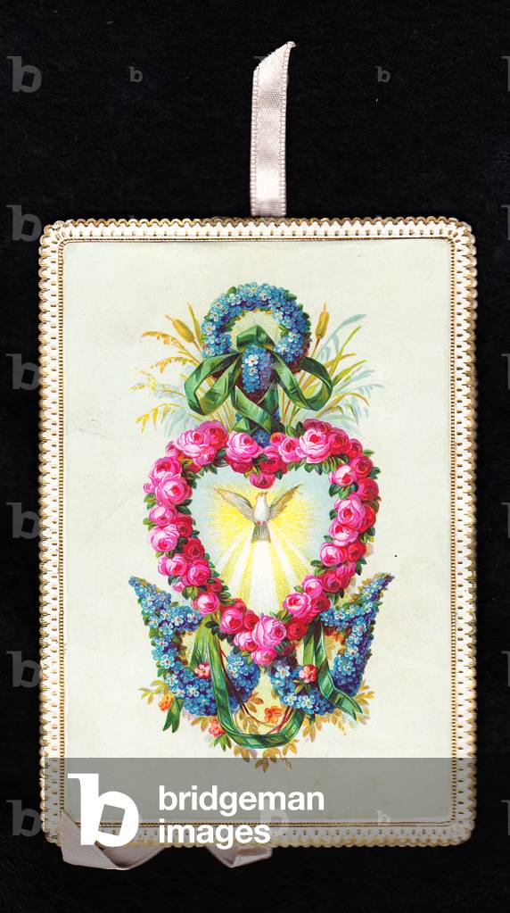 A Victorian deckle edge animated greeting card of roses and forget-me-nots in the shape of an anchor, c.1880 (colour litho)