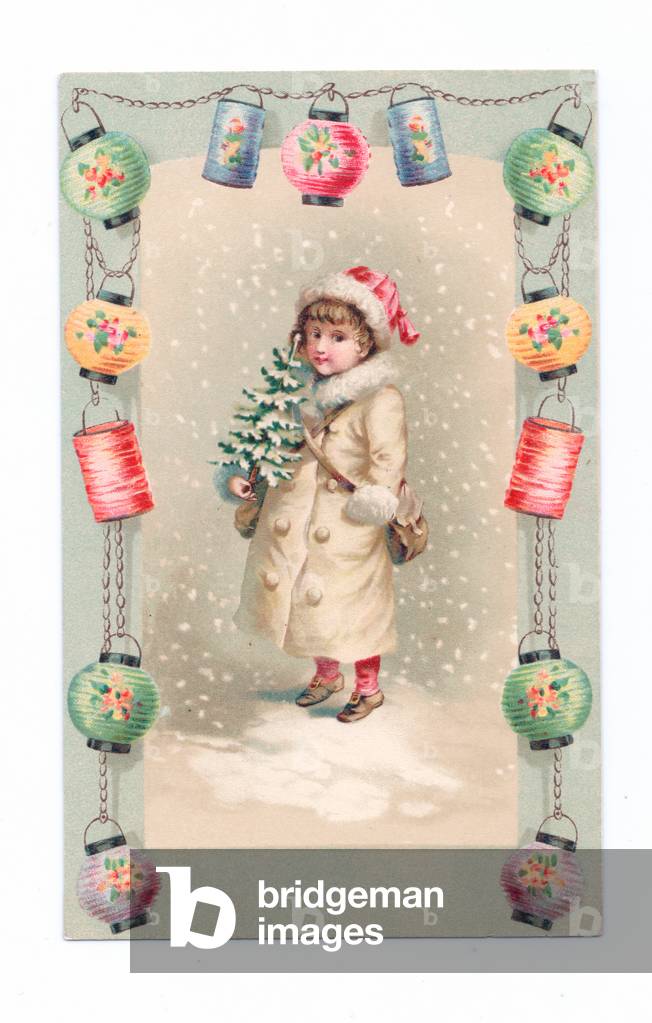 Edwardian postcard of a girl holding a Christmas tree in the falling snow surrounded by Chinese lanterns, c.1910 (colour litho)