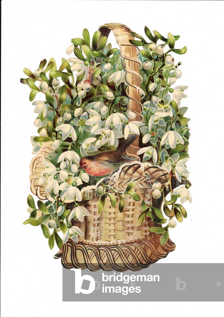 A Victorian Paper Scrap Relief of a basket of mistletoe, c.1880 (colour litho)