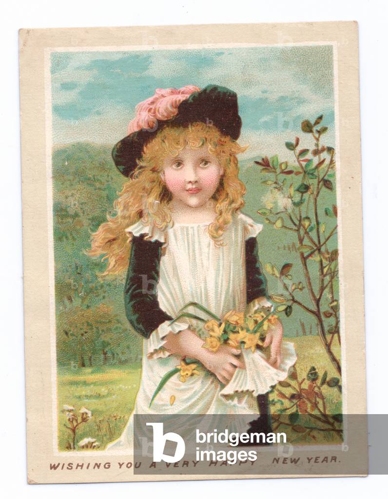 A Victorian New Year card of a girl wearing a bonnet with feathers holdinga bunch of flowers, c.1880 (colour litho)