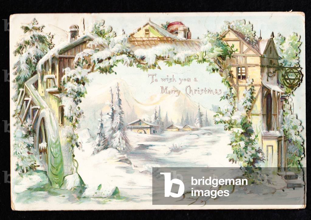 A Victorian pop up Christmas card of a snow covered house, c. 1880 (colour litho)