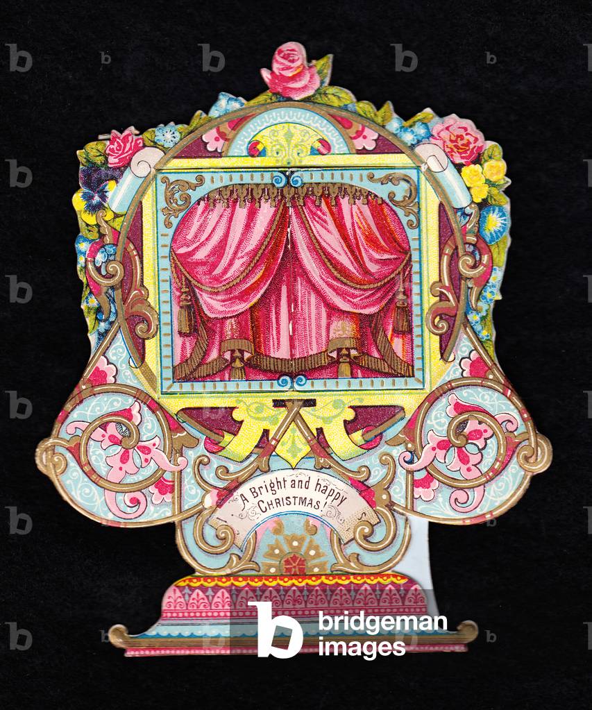 A Victorian die cut three dimensional Christmas card of a puppet theatre decorated with flowers, c.1880 (colour litho)