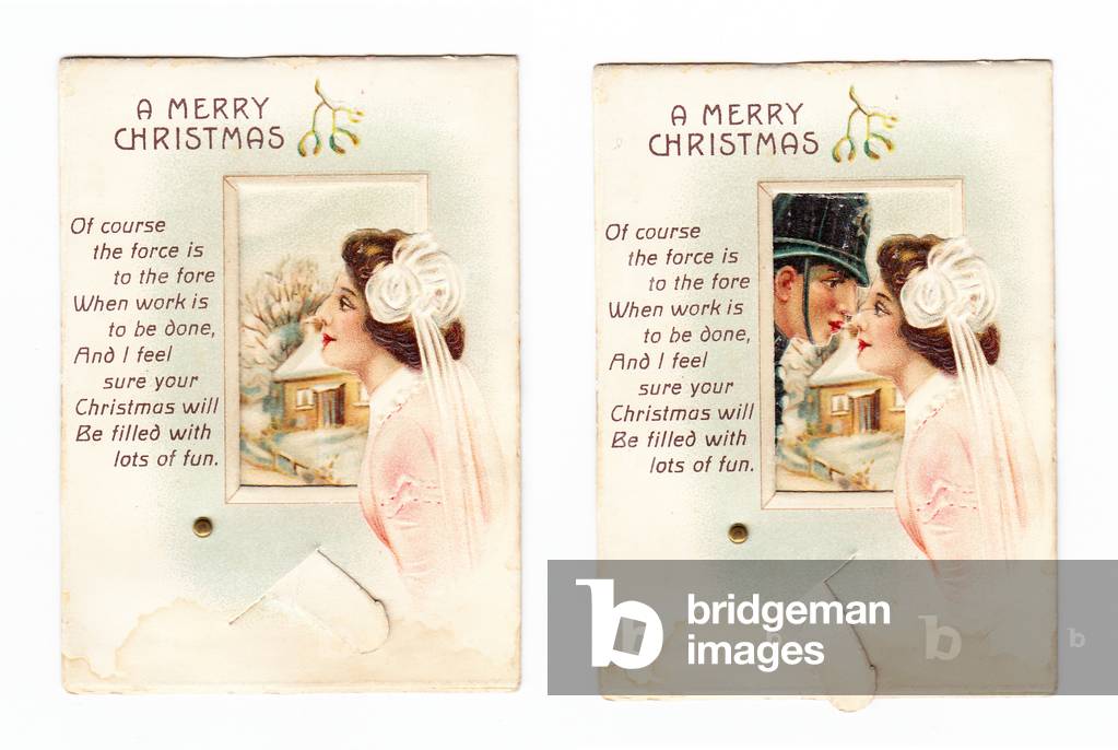 A Victorian mechanical Christmas card of a woman about to kiss a policeman when the card is opened, c. 1890 (colour litho)