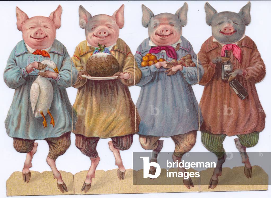 A Victorian die-cut shape card of four pigs wearing human clothes carrying a turkey,Christmas pudding,fruit and wine bottles, c.1880 (colour litho)