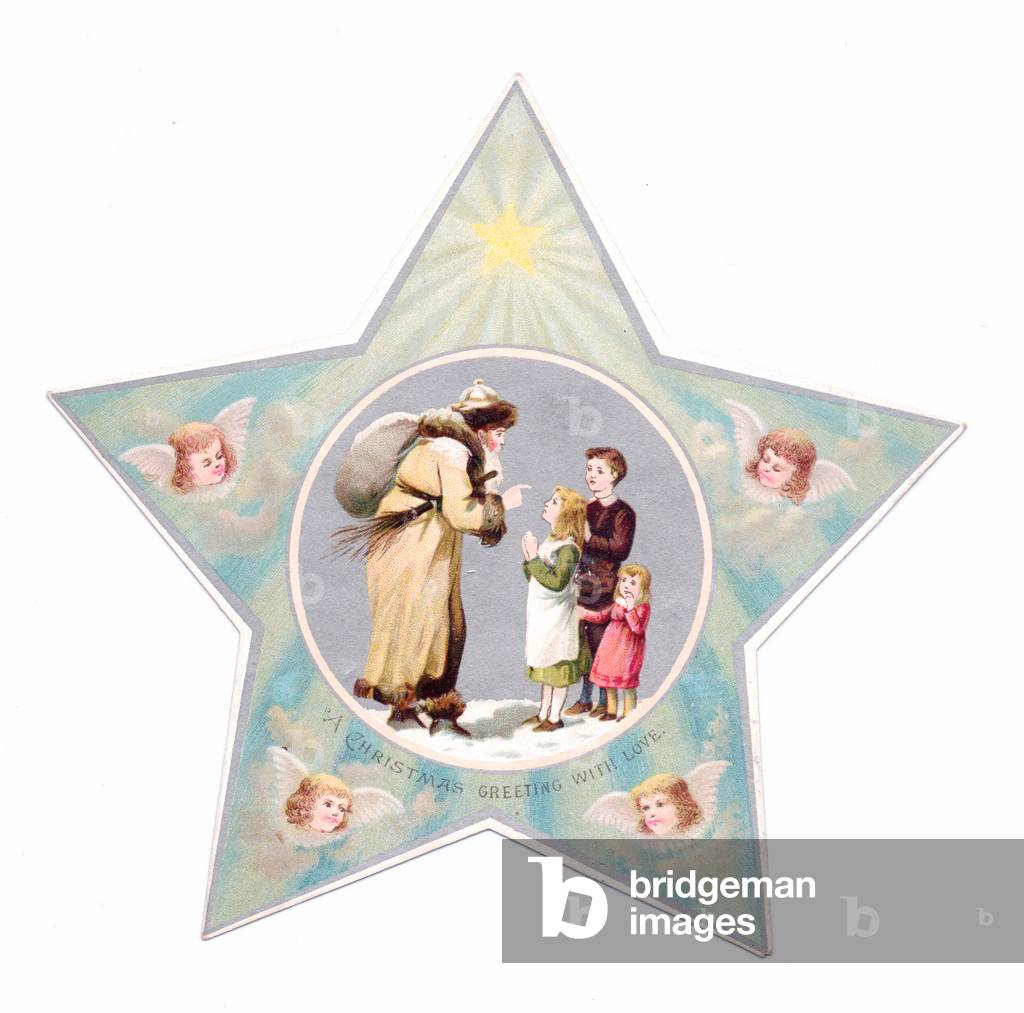 A Victorian die-cut star shape Christmas card of Santa with three children, c.1880 (colour litho)