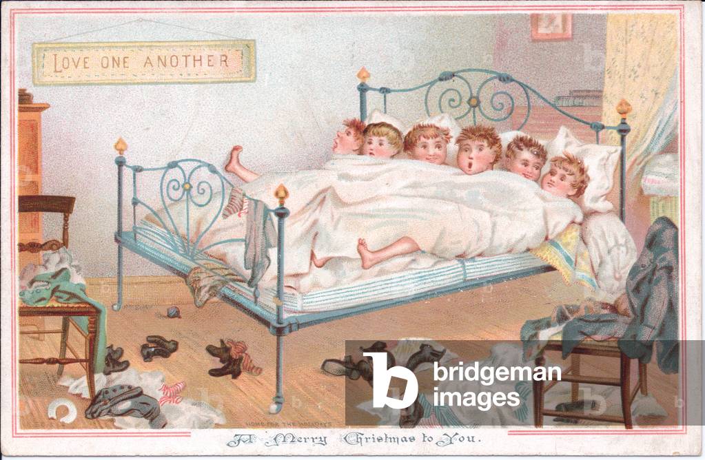 Victorian Christmas card of of six young boys in a messy dormitory getting ready for bed, c.1880 (colour litho)