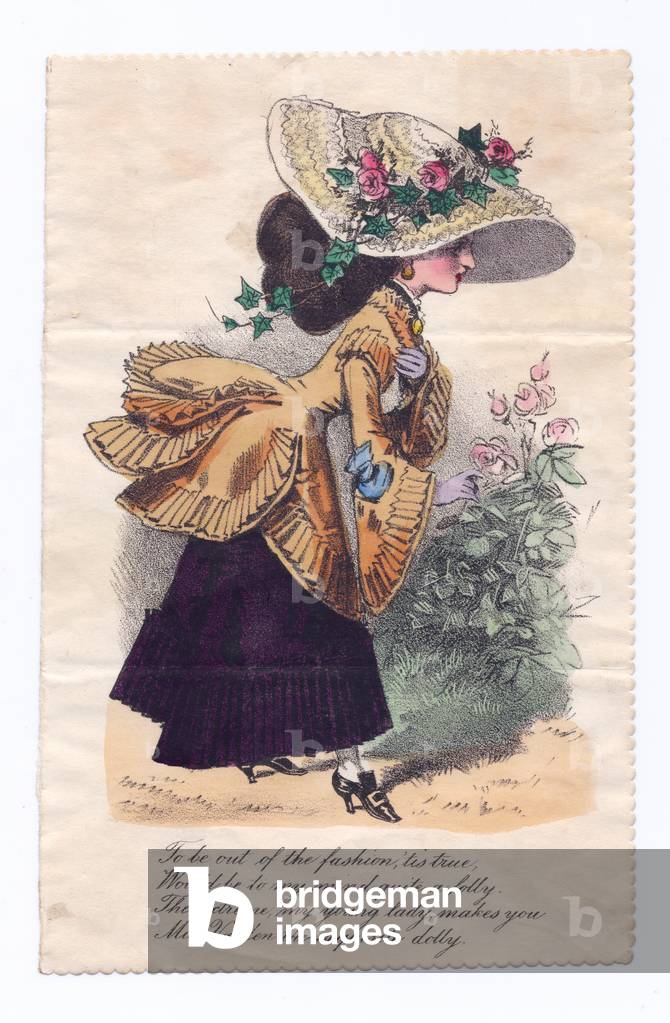 A Victorian hand coloured Valentine card of an overdressed woman accompanied by a humorous verse, c.1860 (colour litho)