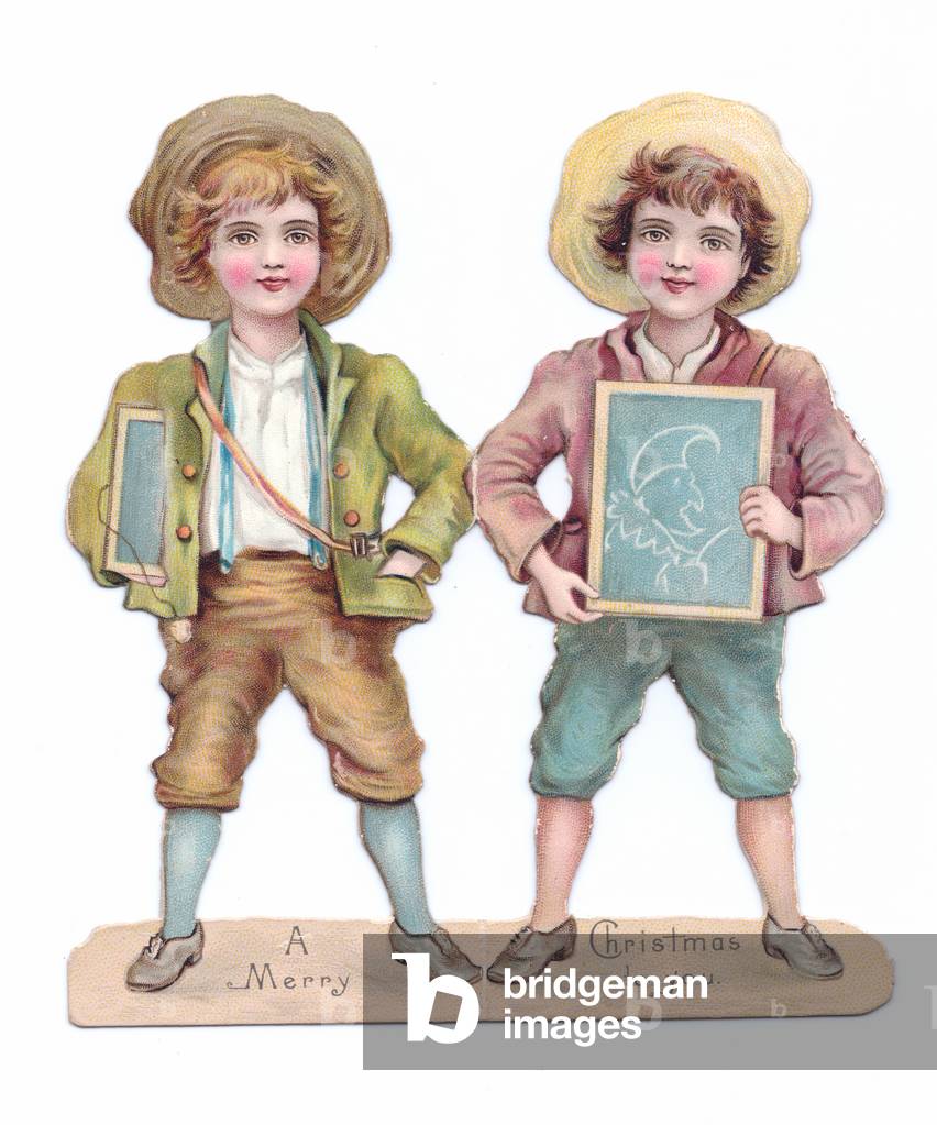 A Victorian die-cut shape Christmas card of two boys carrying slates, c.1880 (colour litho)
