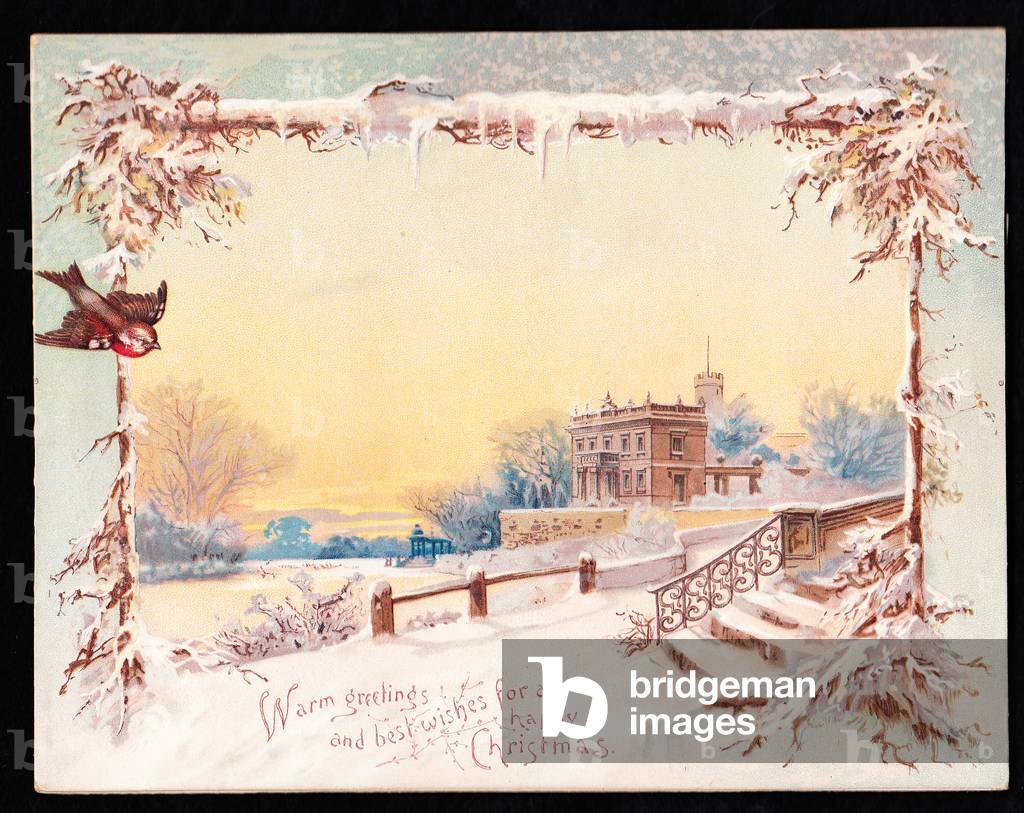 A Victorian front of a pop up Christmas card depicting a tranquil scene of a mansion at sunset with a robin flying by, c.1880 (colour litho)