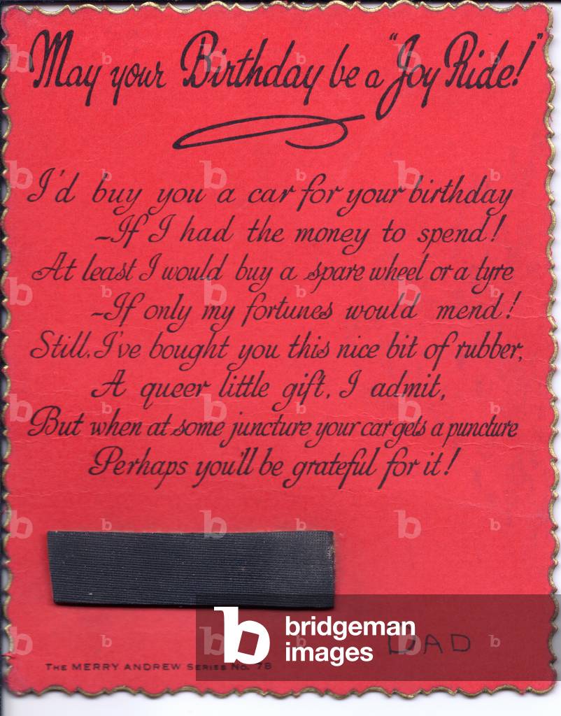 A humorous Victorian play-on-word birthday card of a piece of rubber, c.1890 (colour litho)
