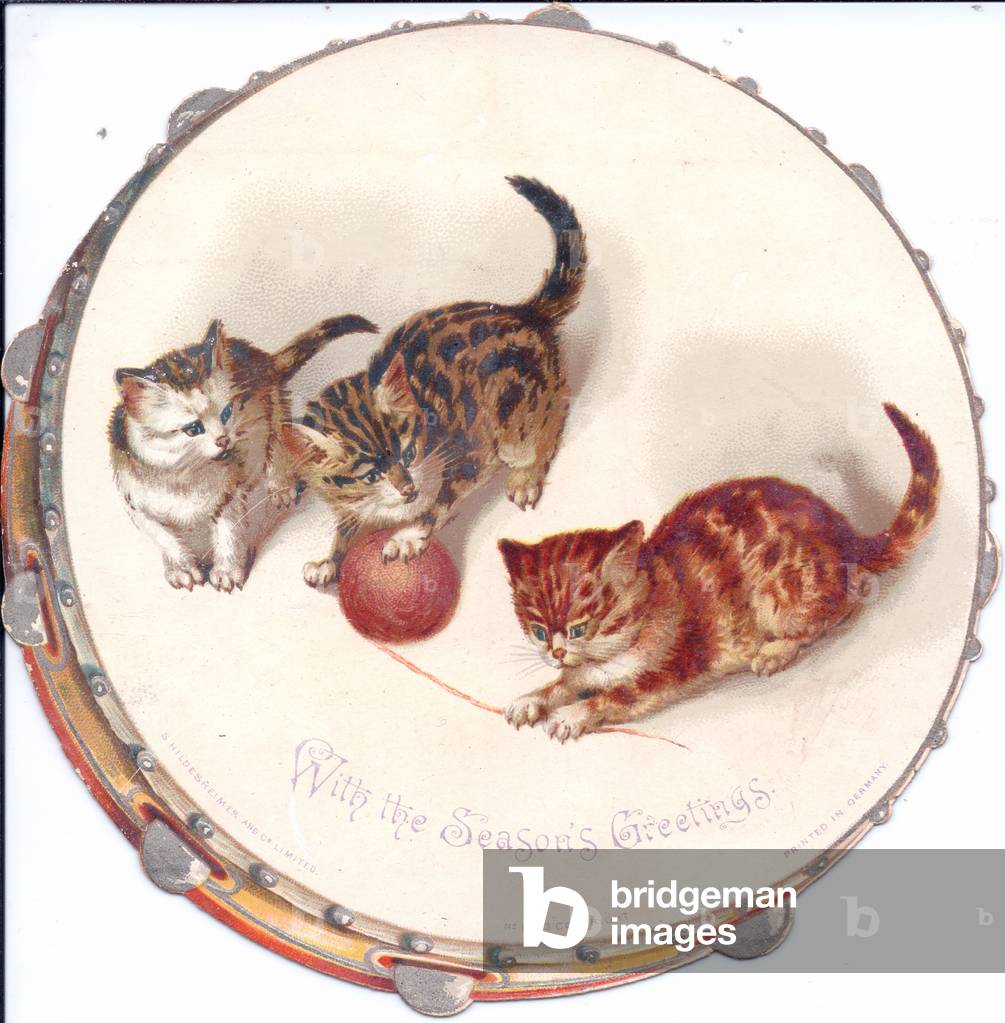 A Victorian greeting card of a tambourine with an image of three kittens playing with a ball of wool on it, c.1880 (colour litho)
