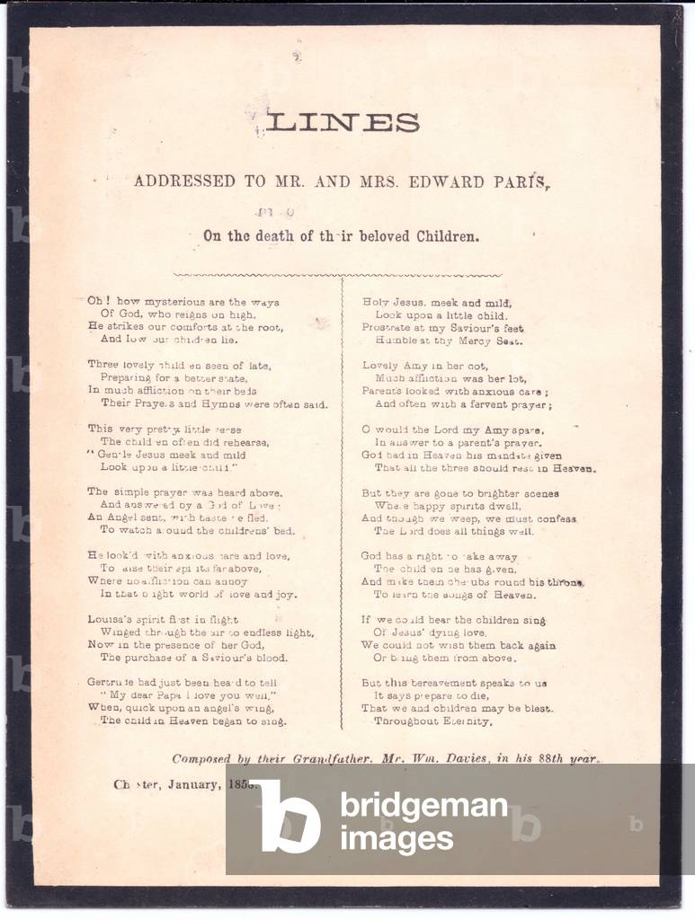 A Victorian black border mourning card of a poem composed by a grandfather on the death of his grandchildren, c.1858 (monochrome)