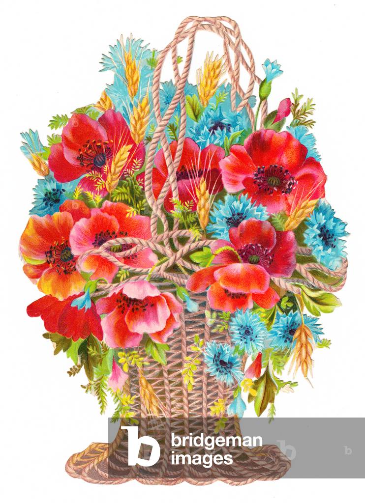 A Victorian Floral Paper Scrap Relief of poppies and cornflower in a wicker basket c.1880 (colour litho)