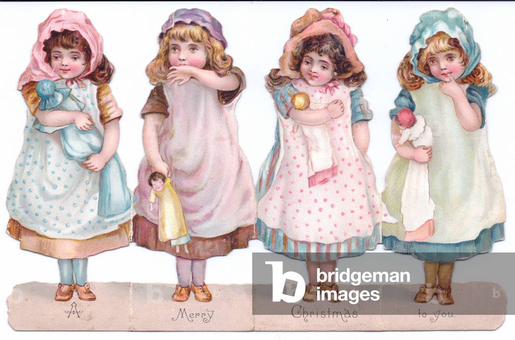 A Victorian die-cut shape Christmas card of four little girls wearing bonnets and scarves and carrying dolls, c.1880 (colour litho)