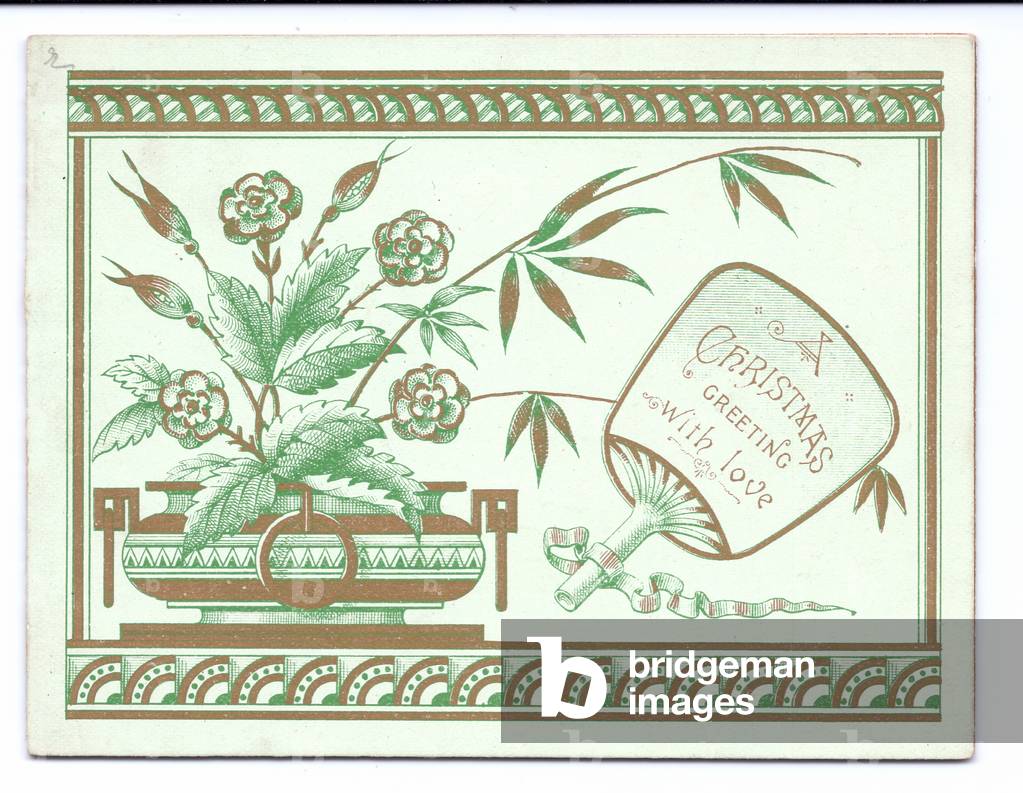 A front cover Victorian Christmas card of an urn with flowers and a fan, c.1880 (colour litho)