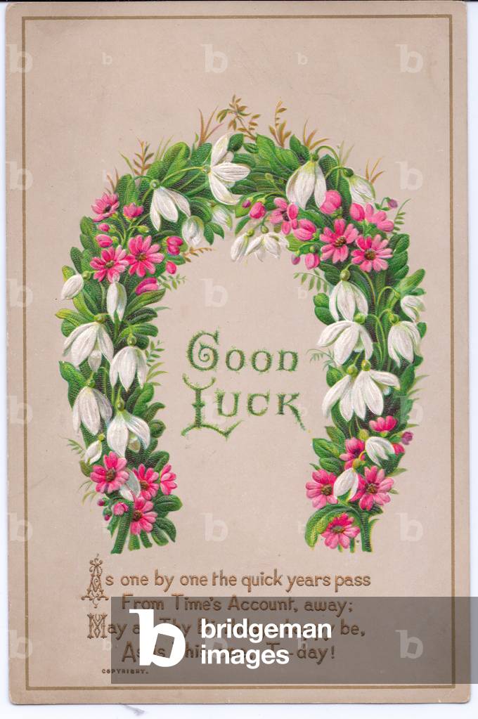 A Victorian birthday card of a floral horseshoe entwined with daisies and snowdrops, c.1880 (colour litho)