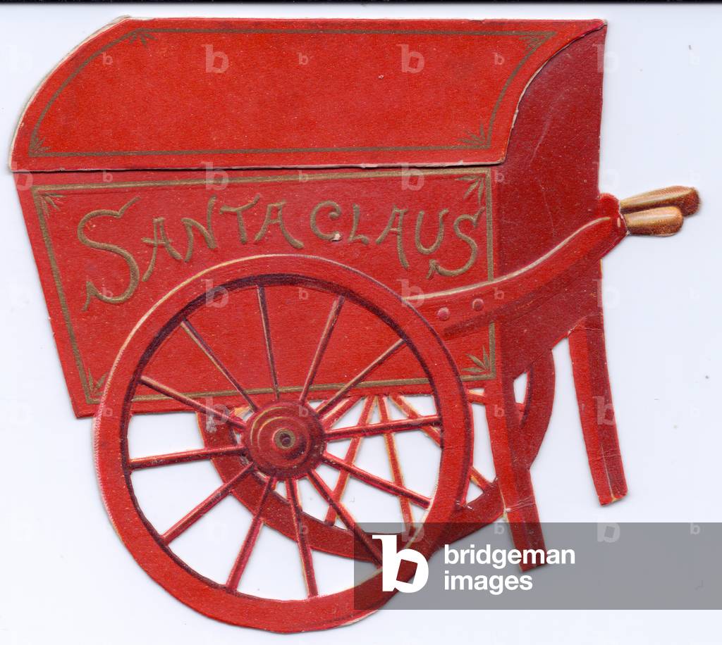 A Victorian die cut greeting card in the shape of a red  Santa Claus cart, c 1880 (colour litho)