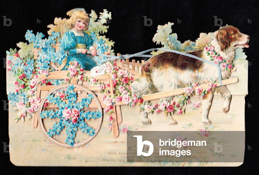 A Victorian die cut pop up greeting card of a child in a wooden cart decorated with roses and forget-me-nots drawn by a dog, c.1880 (colour litho)