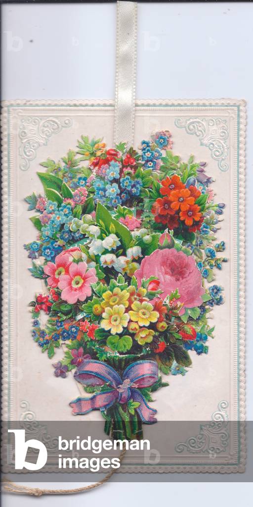 A Victorian deckle edge embossed mechanical greeting card of a bunch of flowers tied with a ribbon, c.1880 (colour litho)