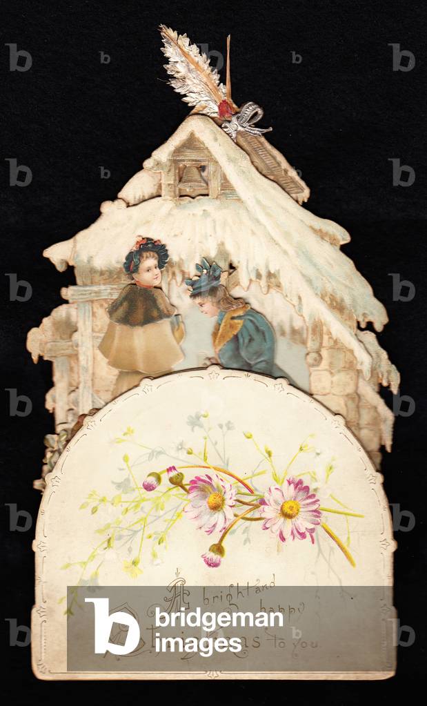 A Victorian die cut pop up Christmas card of two women in front of a snow covered cottage, c.1880 (colour litho)