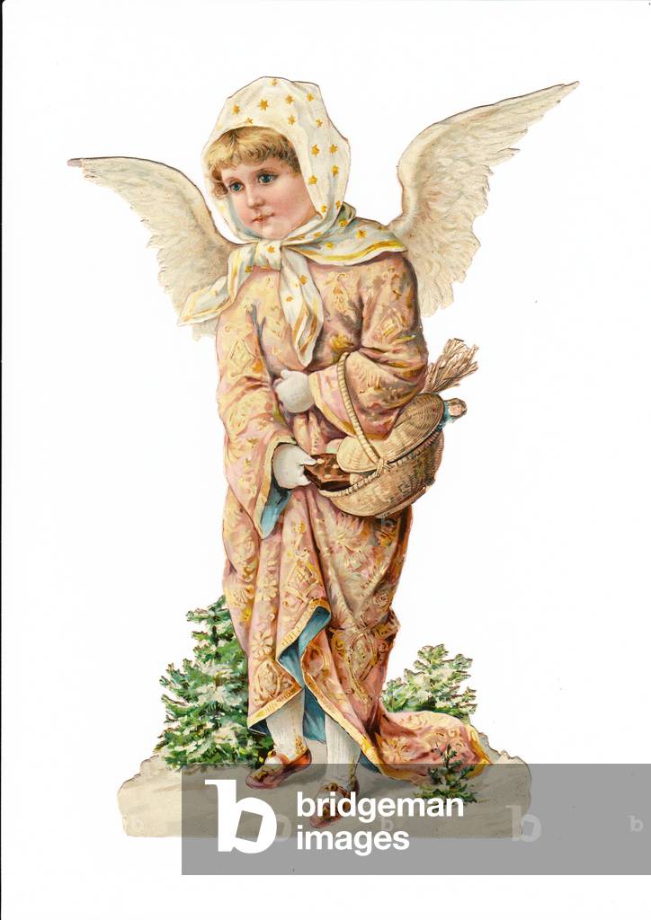 A Victorian Paper Scrap Relief of an angel with a basket on her arm, c.1880 (colour litho)