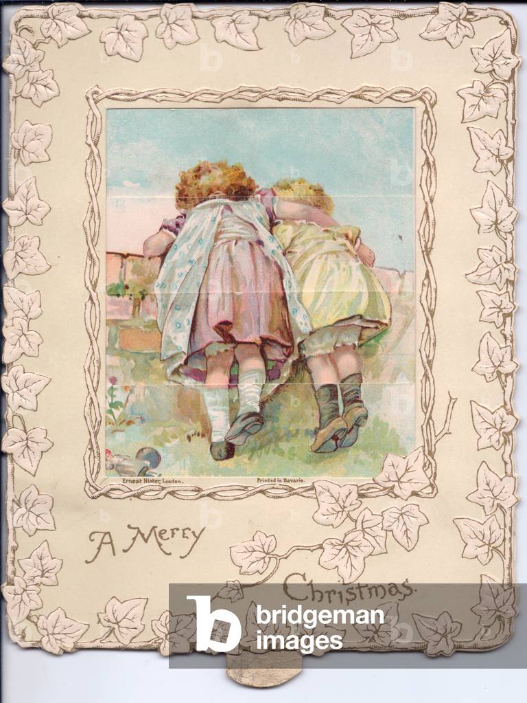 A Victorian embossed mechanical picture changing Christmas card of two girls looking over a brick wall, c.1880 (colour litho)