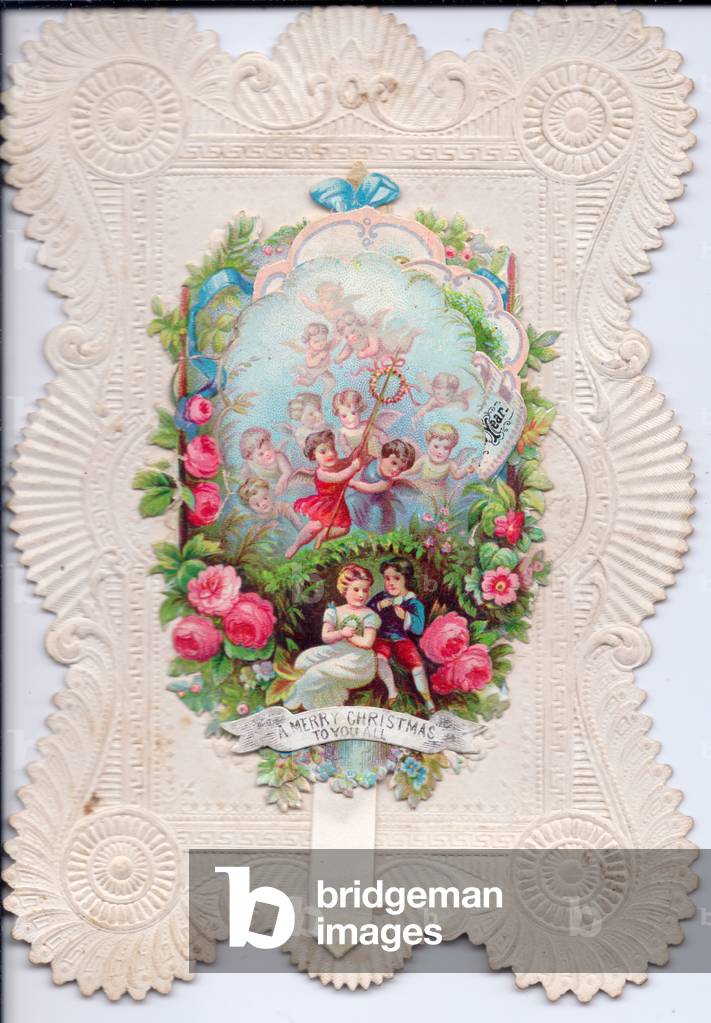 A Victorian deckle edge embossed animated Christmas card depicting cupids, angels, roses and a courting couple c.1880 (colour litho)