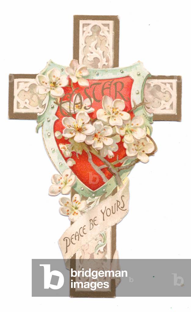 A Victorian religious Easter card of a die-cut cross decorated with white dog roses, c.1880 (colour litho)
