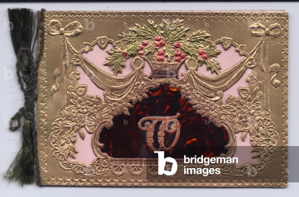 A Christmas Card on a gold ground with embossed swags and a basket of holly and the letter W, circa 1910 (coloured lithograph)