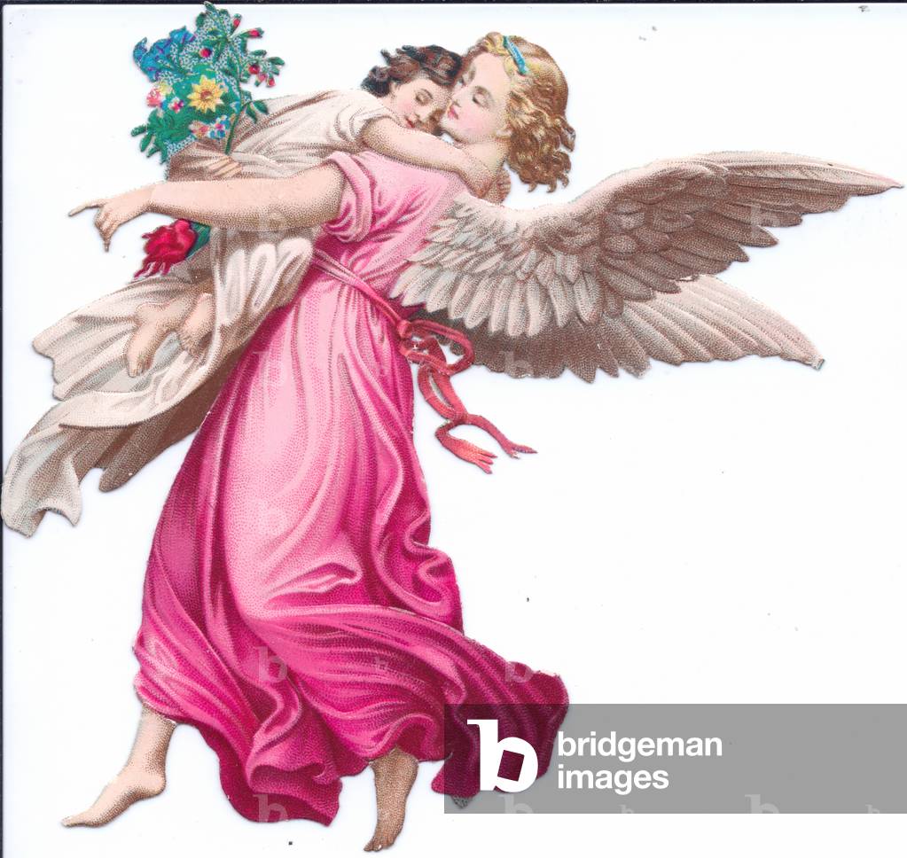 A Victorian Paper Scrap Relief of an angel with a child in her arms, c.1880 (colour litho)