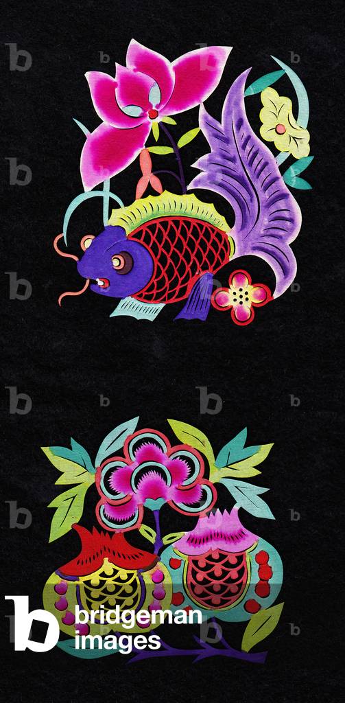 Chinese paper-cut of fish with lotus flower and two pomegranates, c.1960 (hand-coloured and hand-cut)
