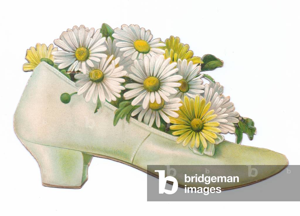 A Victorian die-cut shape card of a cream coloured lady's shoe with daisies in it, c.1880 (colour litho)