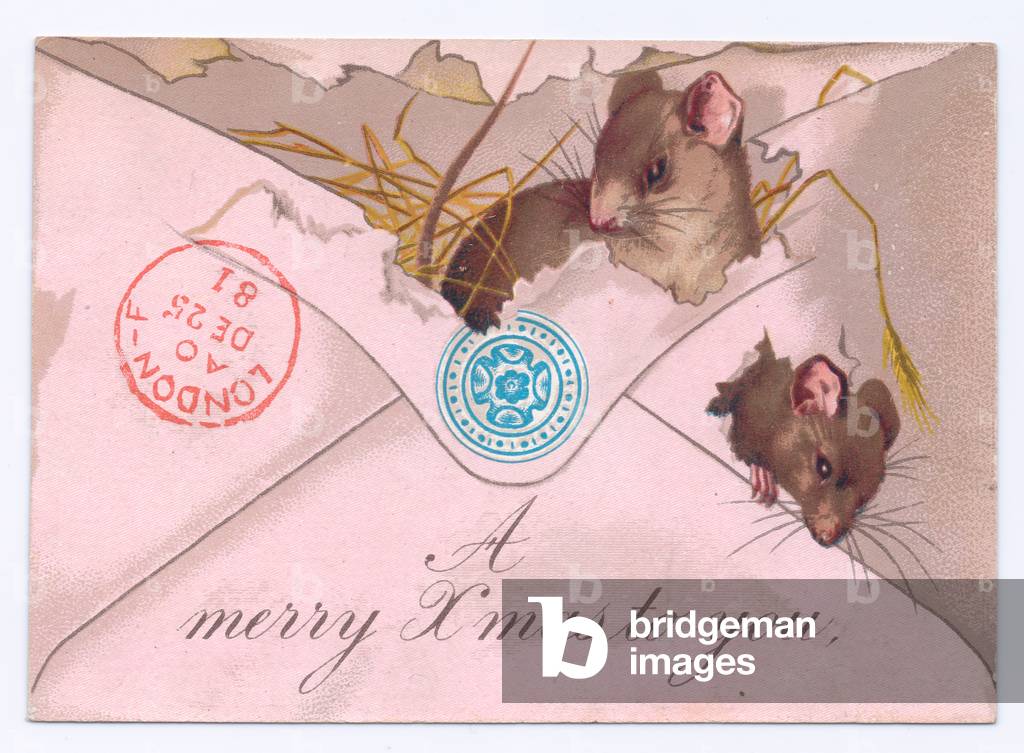 A Victorian Christmas card of mice poking out of an envelope, c. 1880 (colour litho)