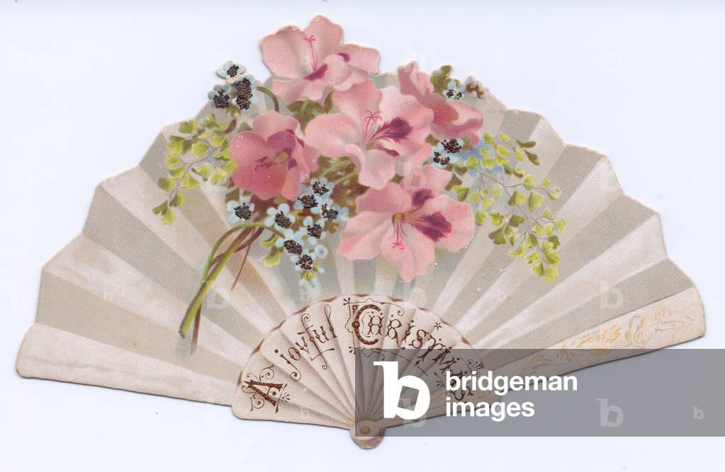 A Victorian die cut Christmas card in the shape of a fan with images of flowers and foliage, c.1880 (colour litho)