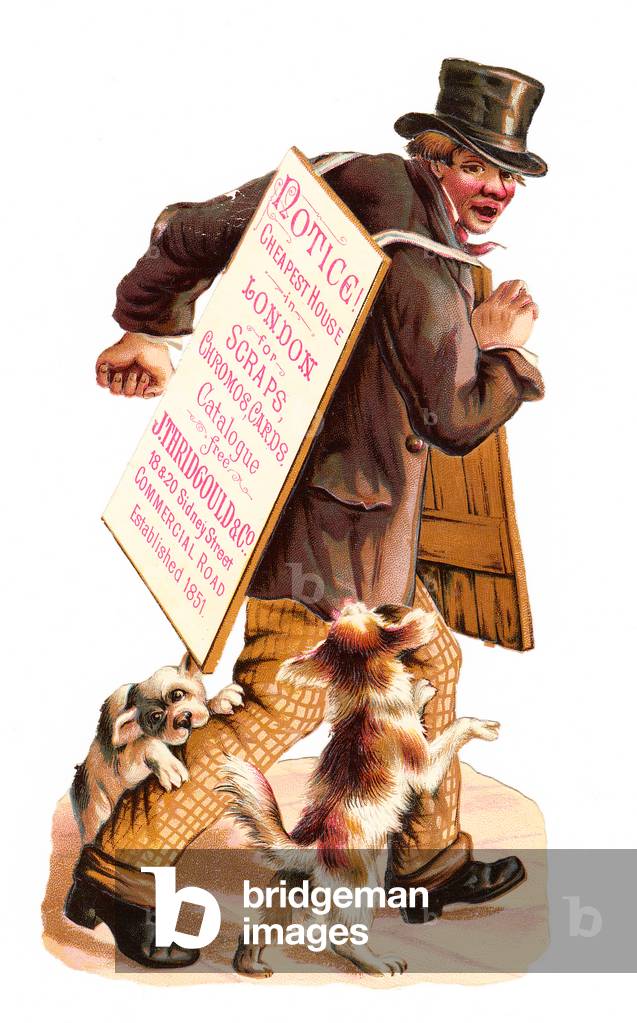 A Victorian Paper Scrap Relief of two dogs attacking a human billboard, c.1880 (colour litho)