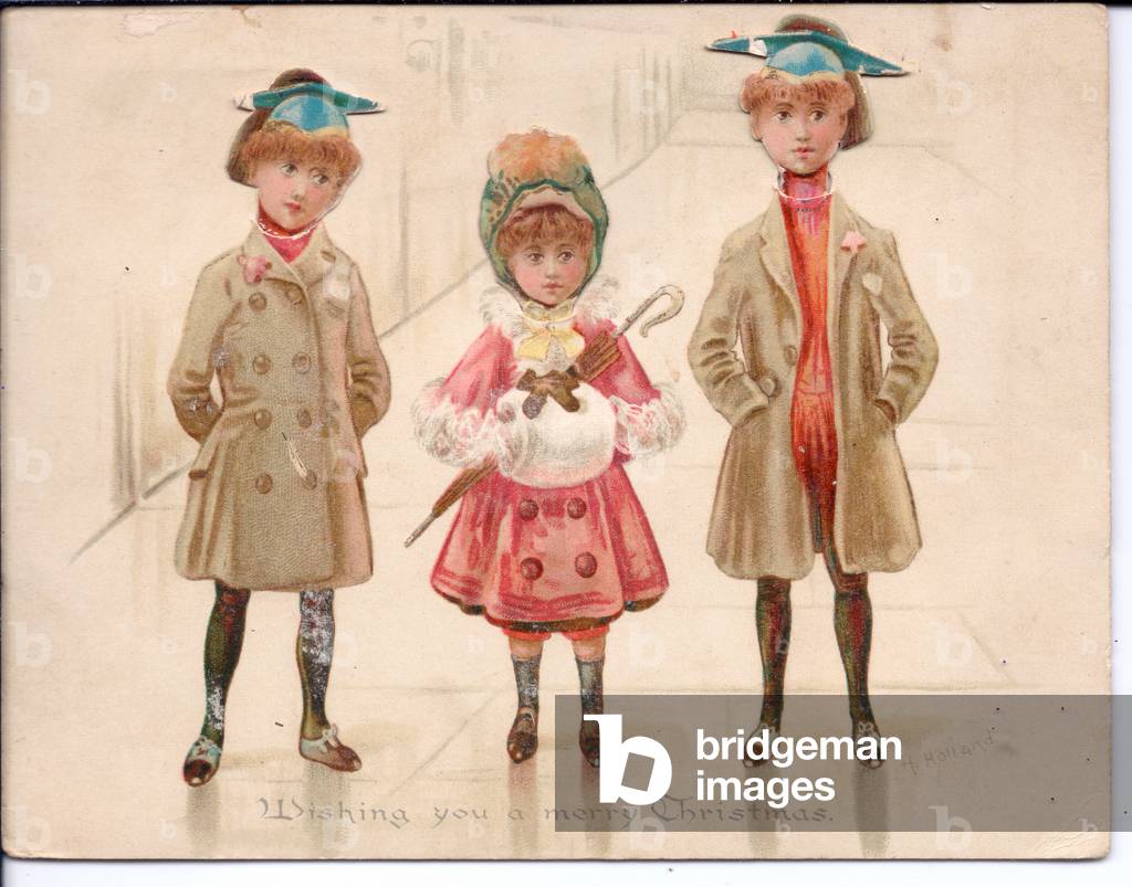 A Victorian moving Christmas card of three children, two of them wearing academic caps, c.1880 (colour litho)