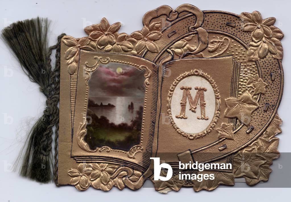 A greeting card made of plastic with a scene of a waterfall, an embossed horseshoe and the monogram 'M', circa 1910 (plastic)