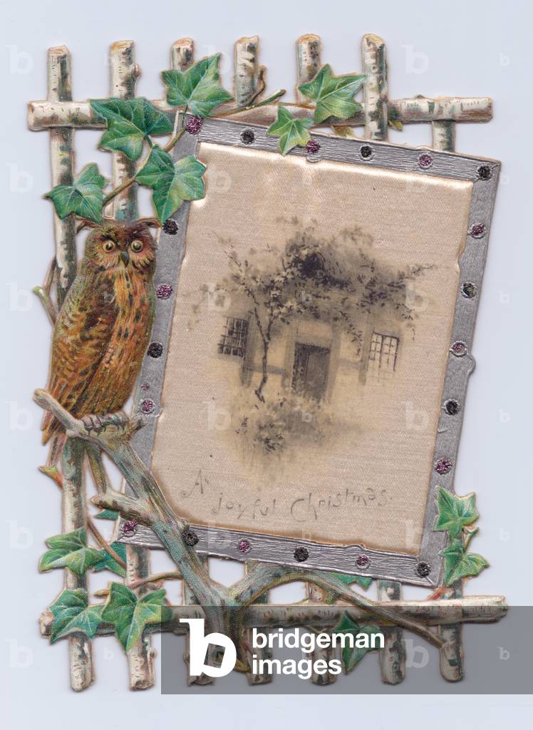 A Victorian die-cut shape Christmas card of an owl next to a painting of a house on a lattice, c.1880 (colour litho)