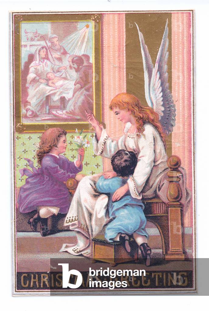 Victorian Christmas card with an angel showing two children a nativity picture, c. 1880 (colour litho)