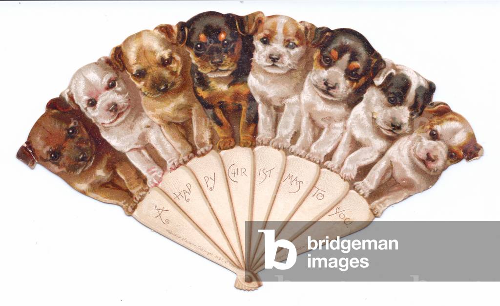A Victorian die cut New Year card in the shape of a fan with an image of a, c.1880 (colour litho)