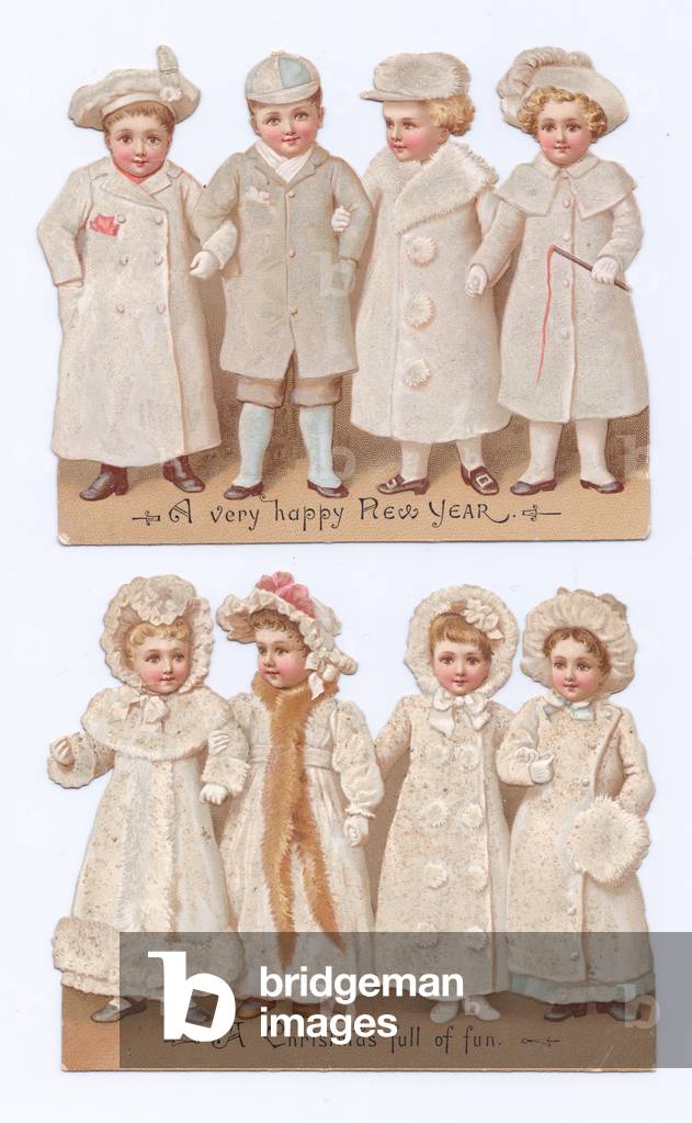 A Victorian Die-cut shape Christmas and New Year card of eight children wearing bonnets, hats and fur lined outfits, c.1880 (colour litho)