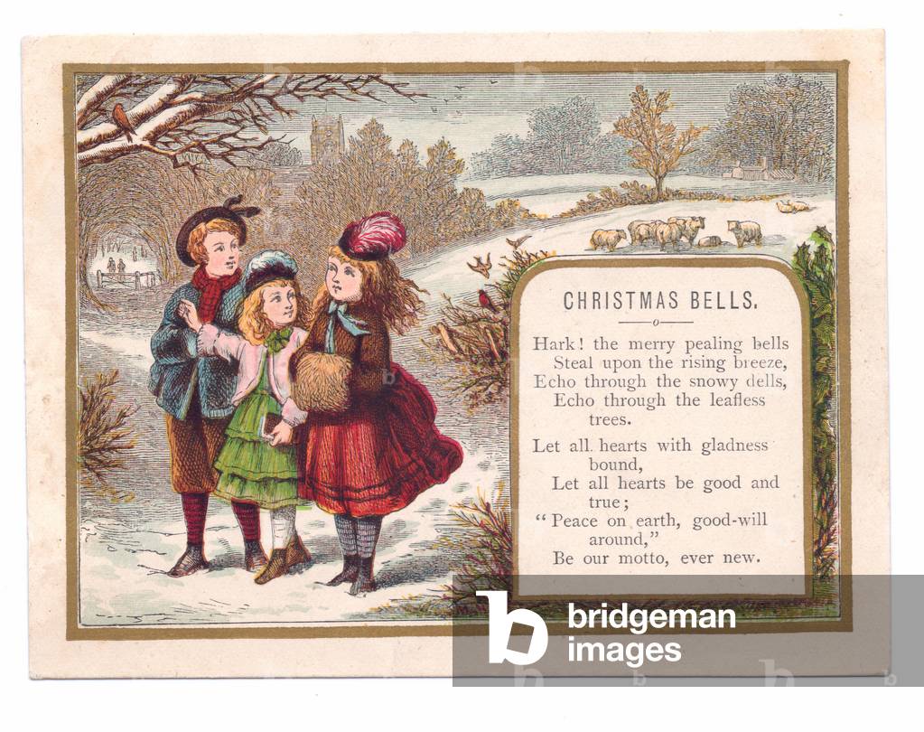 A Victorian Christmas card of three children in a snowy landscape, c.1880 (colour litho)